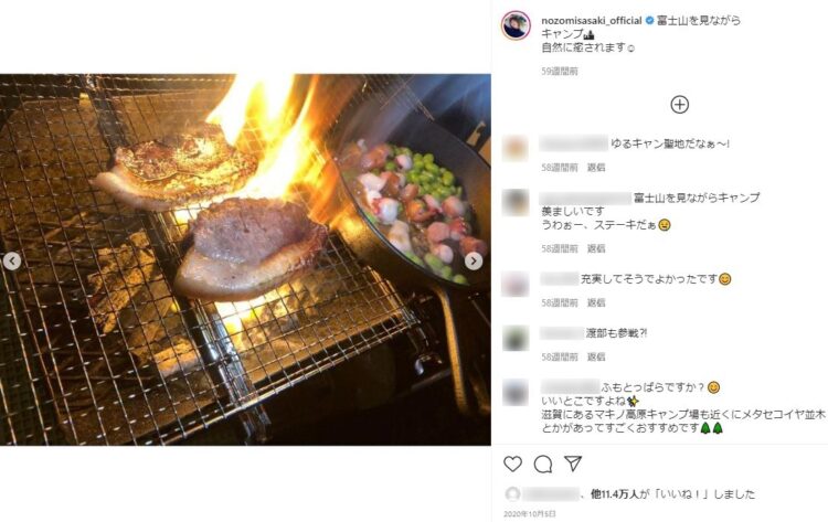 肉を強火で焼くことも（佐々木の昨年10月のインスタより）