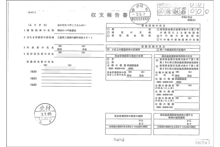 収支報告書の政治団体の名称の項目には「岡田かつや後援会」