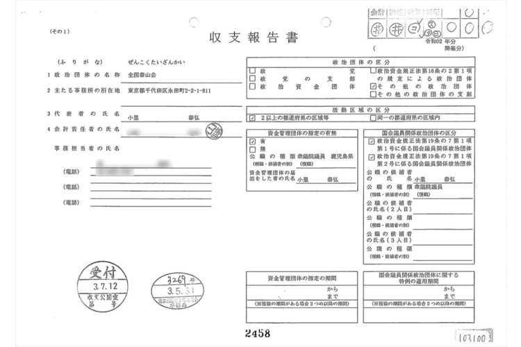 小里氏の収支報告書、政治団体の名称の箇所には「全国泰山会」とある