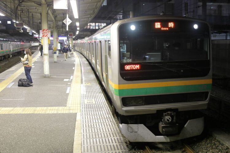 新宿〜品川間の臨時列車。普段は横須賀線が使用する品川駅14番線から発着していた（早稲田大学鉄道研究会）