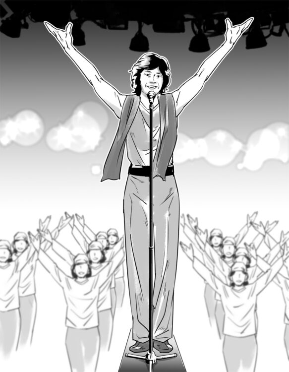 球場コンサートの宙乗りをイメージさせるクレーンパフォーマンス