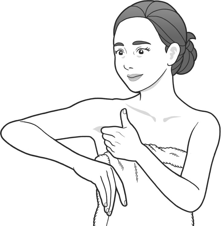 右わきの下のくぼんでいるところに左手の人さし指から小指までをそろえて押し込み、わきの内側をつかむ。そのまま右腕を肩から内側に５回まわし、外側にも５回まわす。左腕も同様に。
