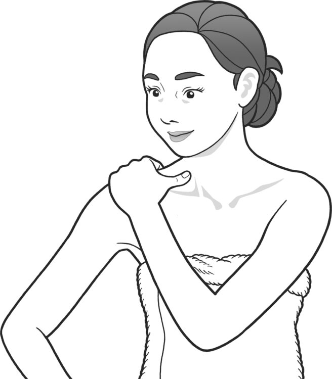 右わきの下のくぼんでいるところに左手の人さし指から小指までをそろえて押し込み、わきの内側をつかむ。そのまま右腕を肩から内側に５回まわし、外側にも5回まわす。左腕も同様に。
