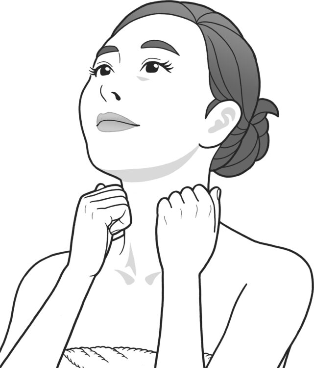 両手を軽く握って左右のあごの下に置き、首の中央、首のつけ根の３か所の順に軽く圧をかける。のどの真ん中は避ける