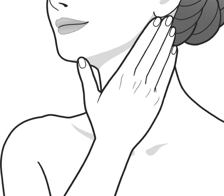 顔を右に少し傾けて、右手の指をそろえて左の首筋に添え、耳の下から鎖骨に向けて５回さすり下ろす。反対側も同様に行う