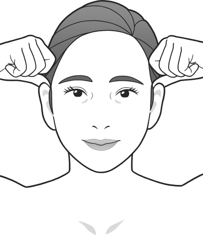左右の親指をそれぞれ耳の後ろに添え、残りの指は軽く握って人さし指をかぎ形に曲げる。
人さし指の第２関節を、耳の上、髪の生え際に刺すように押し当て、グルグルと円を描くように５回まわして刺激する。繰り返しながら、生え際に沿って中心まで移動させる