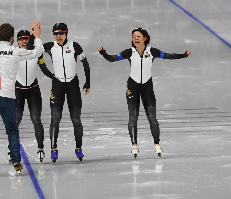 両手を広げて喜んだ（平昌五輪時。2018年）