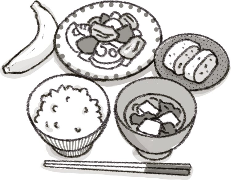 1975年の朝食。ベーコンと根菜の炒り煮、しらすと小ねぎの卵焼き、わかめと豆腐のみそ汁、果物（出典『東北大学　日本食プロジェクト研究室の簡単いきいきレシピ』世界文化社刊。イラスト／いばさえみ）