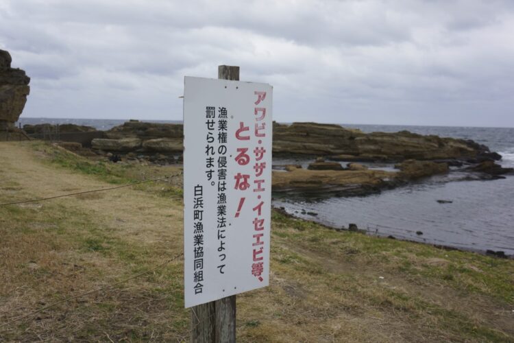 漁業権の侵害注意の看板。千葉県南房総市（イメージ、時事通信フォト）