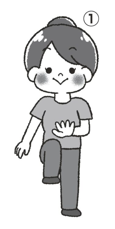 右太ももを上げてひざタッチ