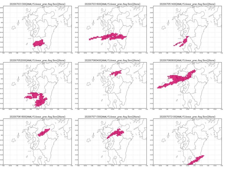 ウェザーニューズ独自の気象解析システムを利用し、線状降水帯の自動検知システムを開発。これにより10分毎の線状降水帯の検知が可能に