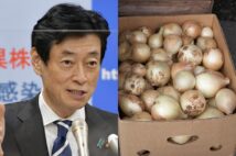 西村康稔氏と箱詰めたまねぎ(写真/時事通信フォト・GettyImages)