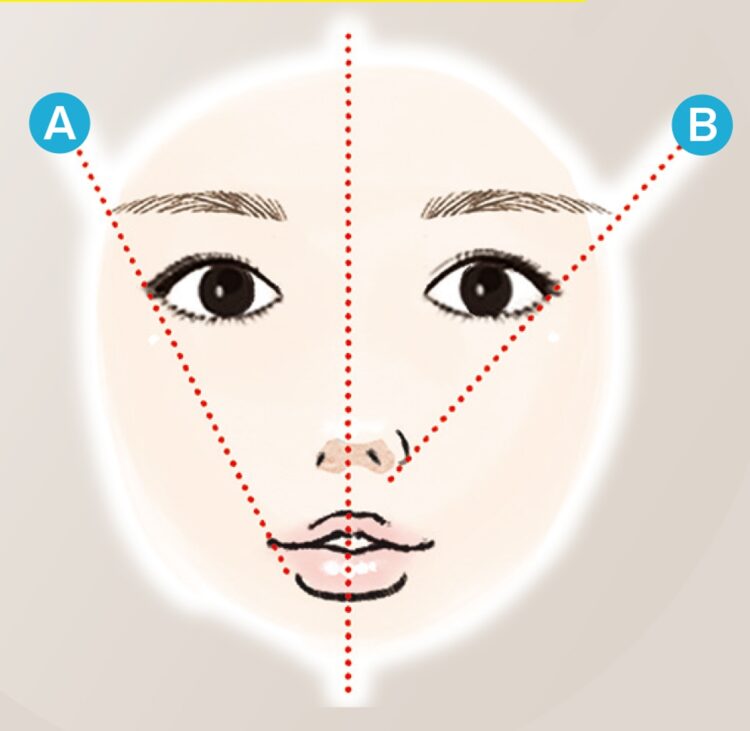 シロノクリニック流、眉の黄金比とは？　口角から目尻の延長線上（A）を眉尻にするのが日本人が美しく見えるライン。小鼻から目尻の延長線上（B）を眉尻にするのは立体的な顔の人におすすめ