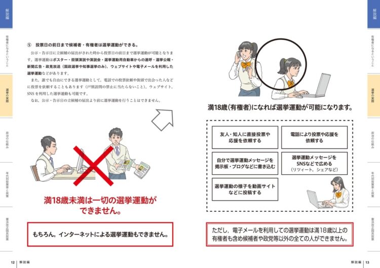 文部科学省が作成した高校生向けに選挙や政治について教える副教材の1ページ。18歳以上と18歳未満で異なる違反行為などが説明されている（文部科学相提供、時事通信フォト）