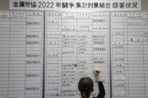 2022年春闘の労使交渉の回答が金属労協の職員によってボードに書き込まれる。2022年3月16日（時事通信フォト）