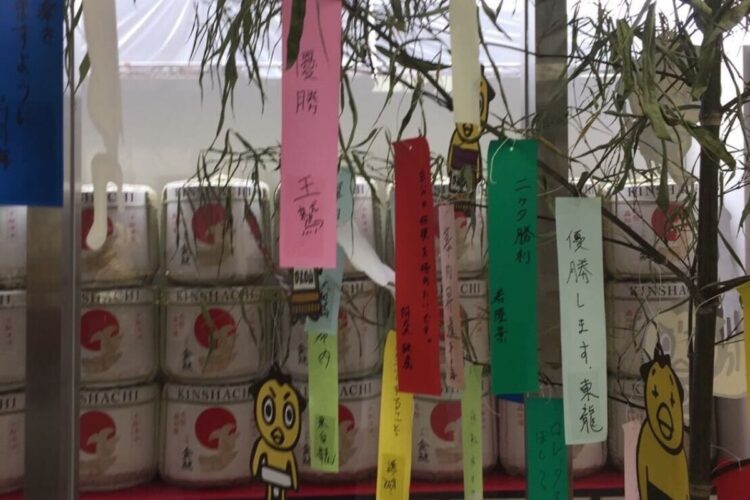 名古屋場所の会場に展示される七夕飾りには、関取たちの様々な「願いごと」が記されている