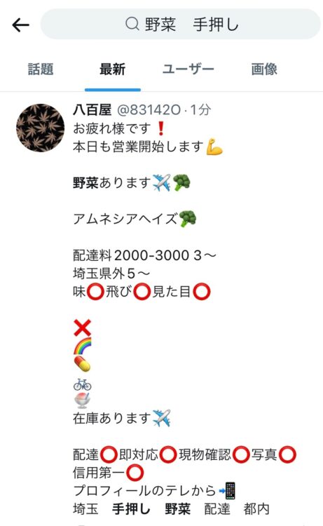 ツイッター上で検索すると、無数の“広告”が出てくる。わが子のスマホに「野菜」「手押し」などの隠語があったら注意してほしい