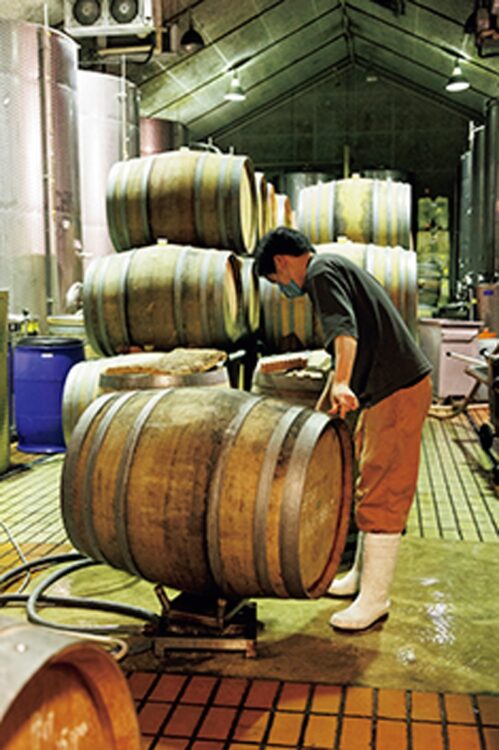9月中旬から始まるワインの仕込みに向けて樽を洗浄し、溜まった澱を除く