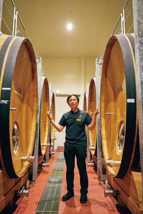 ワイン約4万本分が貯蔵されているFセラー。大樽で熟成すると、ほんのりした樽香のワインに