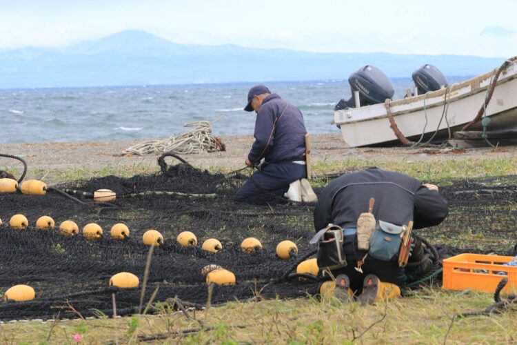 野付半島でサケ漁の準備をする漁師。奥は国後島。夜には肉眼でも国後島・泊村の灯りが見える（撮影／山本皓一）