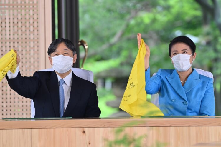 ウクライナカラーをイメージさせる青と黄の組み合わせ（6月、東京・千代田区。写真／JMPA）