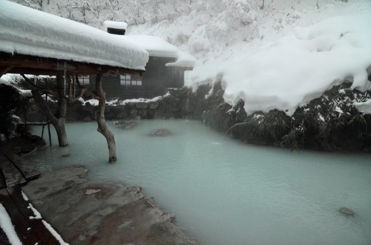 4種類の泉質の異なる温泉をもつ。雪見露天風呂で芯まで温まりたい