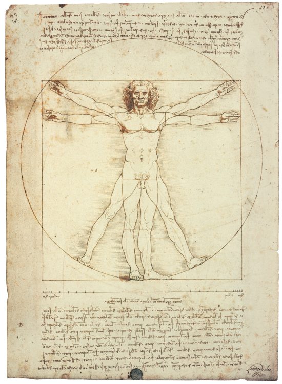 人と自然は同じ法則で成立していることを伝えた／レオナルド・ダ・ヴィンチ　人体均衡図（ウィトルウィウス的人体）　1490年頃　水彩　メタルポイント　ペン　インク　紙　34.4×24.5cm　アカデミア美術館　ヴェネツィア