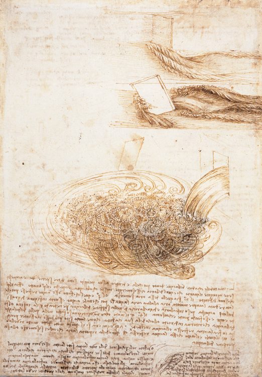 途切れることなく変化し続ける自然の法則／レオナルド・ダ・ヴィンチ　流れる水の研究（部分図）　1509～1511年頃　ペン　インク　紙　29×20.2cm　ウィンザー城王室図書館