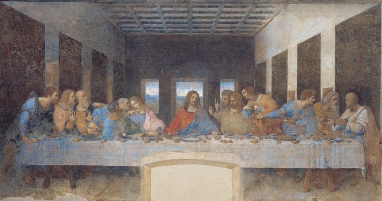 レオナルド・ダ・ヴィンチ　最後の晩餐　1495～1498年頃　油彩　テンペラ　壁画　420×910cm　サンタ・マリア・デッレ・グラツィエ修道院　ミラノ