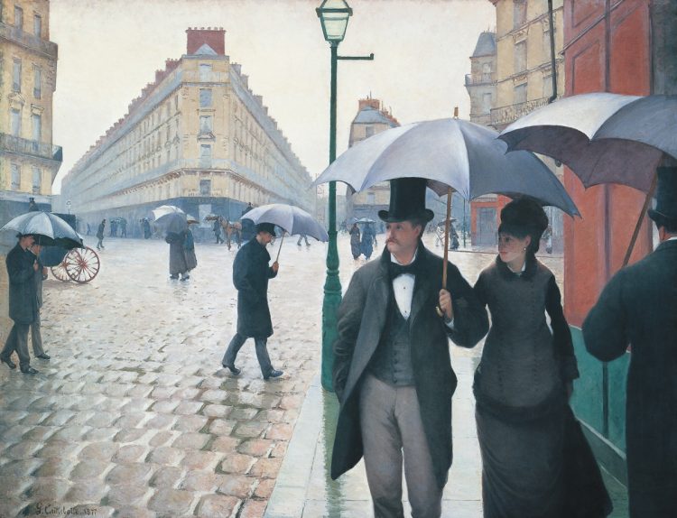 カイユボット　パリの通り、雨　1877年　油彩　カンヴァス　212.2×276.2cm　シカゴ美術館