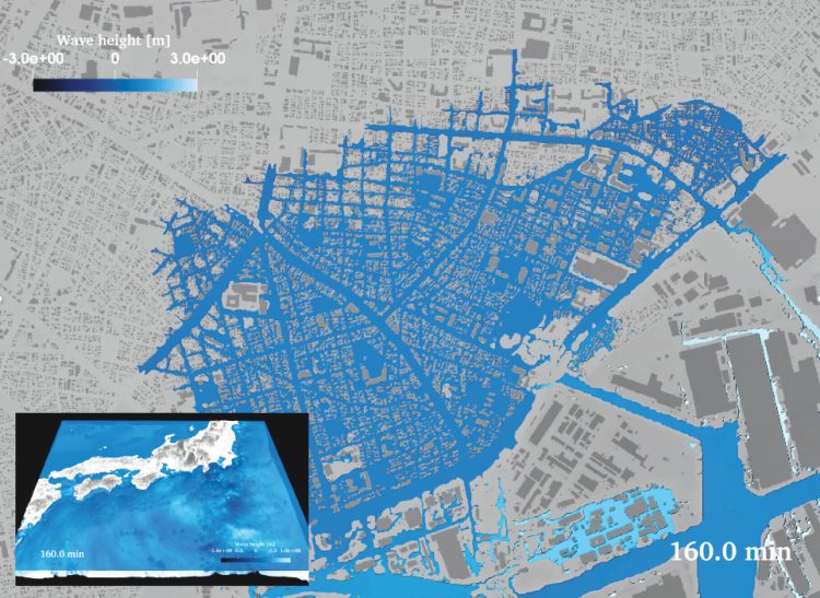 海岸線に津波が到達した後、主要道路や河川を津波が上っていく様子を詳細にAIで予測する。富士通が東京大、東北大と共同開発した技術だ
