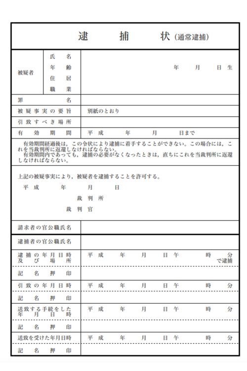 逮捕状の書式はこのようになっている（裁判所のHPより）