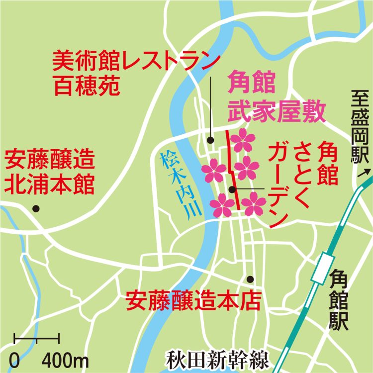 武家屋敷のシダレザクラまで角館駅から徒歩約20分。秋田空港から「あきたエアポートライナー」で角館樺細工伝承館下車（約60分）