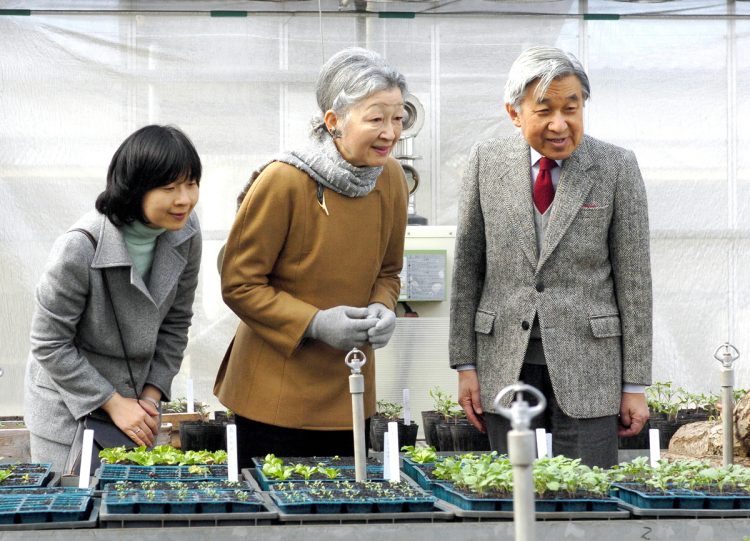 黒田清子さんとともに温室を訪れた上皇さまと美智子さま（写真／共同通信社）