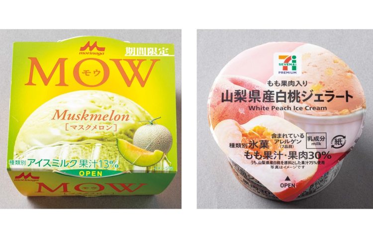 「カップアイス部門（バニラアイス以外）」の1位は『MOW　 マスクメロン』と『山梨県産白桃ジェラート』