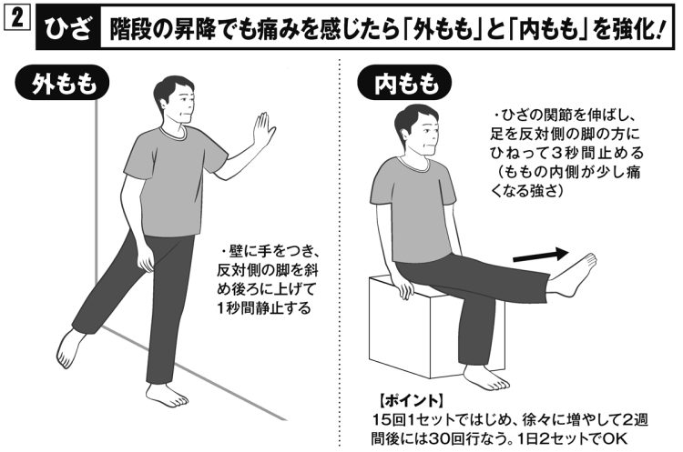 ひざ：階段の昇降でも痛みを感じたら「外もも」と「内もも」を強化