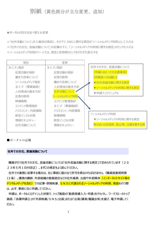 共同通信社の職員に配られたA4版5枚の〈別紙〉。写真は1枚目。黄色部分が主な変更と追加点