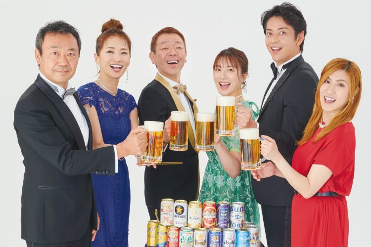 著名人6人が各メーカーの定番ビールを飲み比べ（左から戌井昭人、倉本康子、玉袋筋太郎、大島由香里、敦士、納言の薄幸）