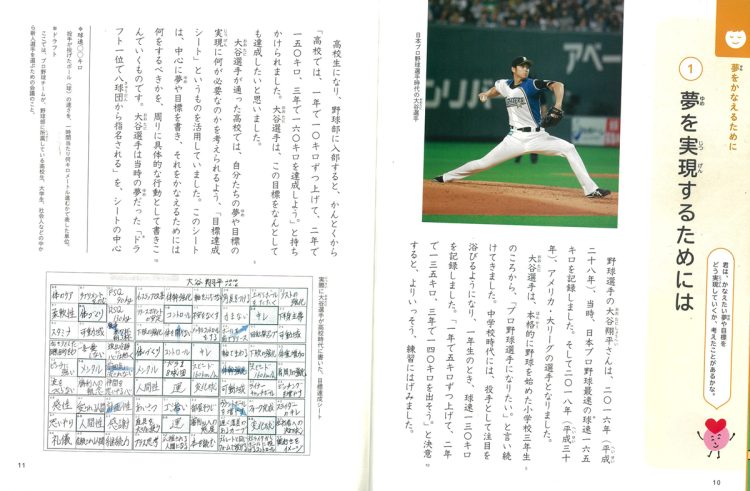 光村図書出版の道徳の教科書では、4ページにわたって大谷を特集