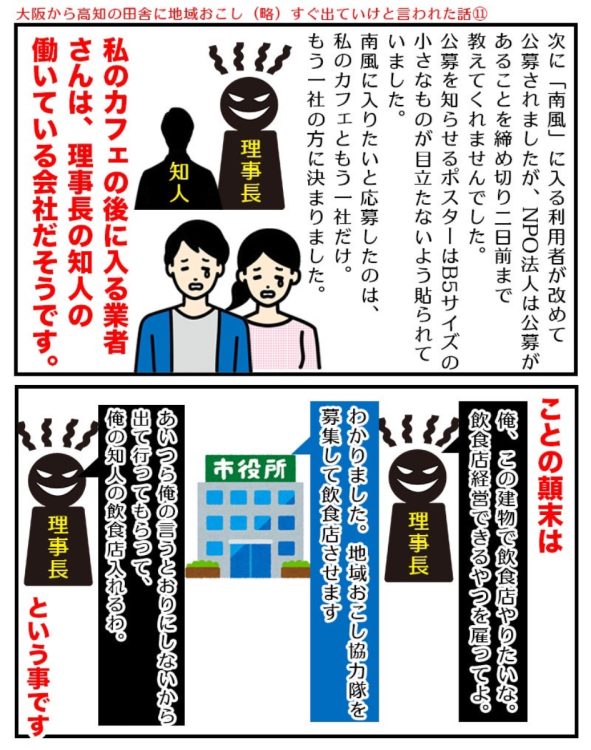 ⑪。カフェの後に入る業者は理事長の知人が働いている会社だという