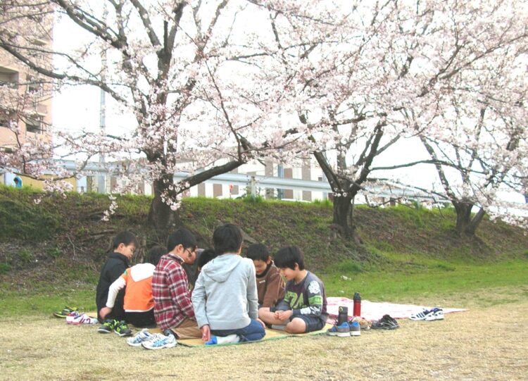 市内中央を流れる瀬戸川の河川敷で、毎年春にふみもと子供将棋教室は「お花見将棋」を開く。藤井は奨励会時代にも参加している（写真右）