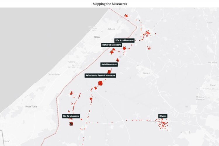 ガザ周辺だけでなく、犠牲者を表す赤丸が広く分布していることがわかる（イスラエル政府が公開したマップより）