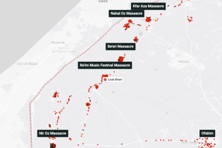 ガザ地区周辺にある主要エリアの赤丸は死者を表している（イスラエル政府が公開したマップより）