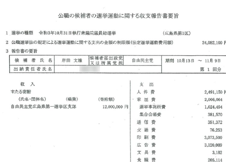 本誌は岸田首相が前回選挙で自分が代表を務める自民党広島県第一選挙区支部から1200万円の寄附を受けて選挙費用に使いながら、残余金約192万円を支部に返金せずに“着服”した問題を報じた（2024年1月1日・5日号）