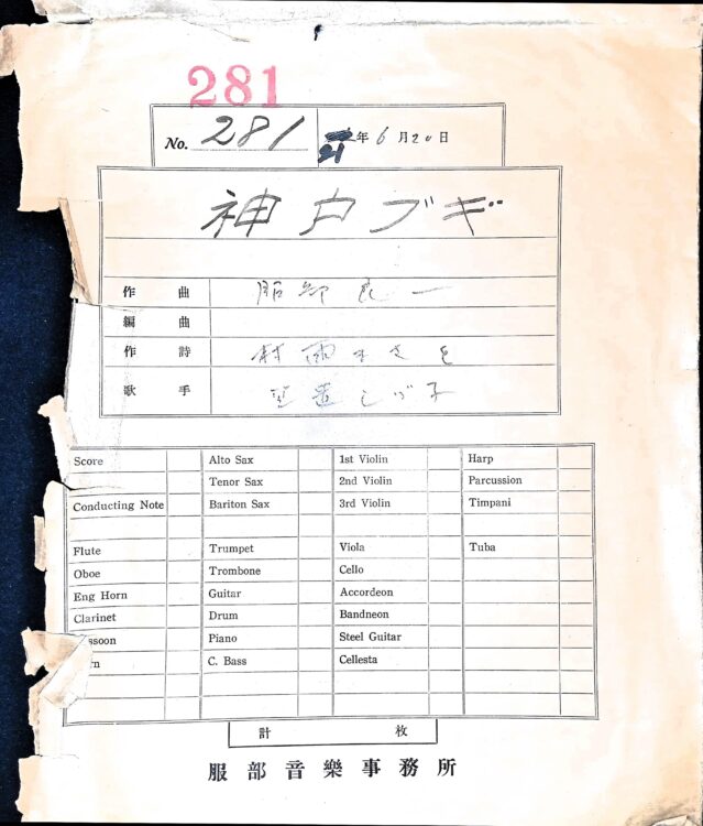 『神戸ブギ』の直筆楽譜が入っていた封筒。楽譜は３月９日まで、大阪大学中之島芸術センター（大阪市北区）の企画展で公開されている（提供写真）