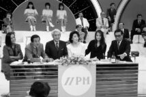 約24年にわたり放送された『11PM』（左から松岡きっこ、愛川欽也、藤本義一、朝丘雪路、高樹澪、大橋巨泉）