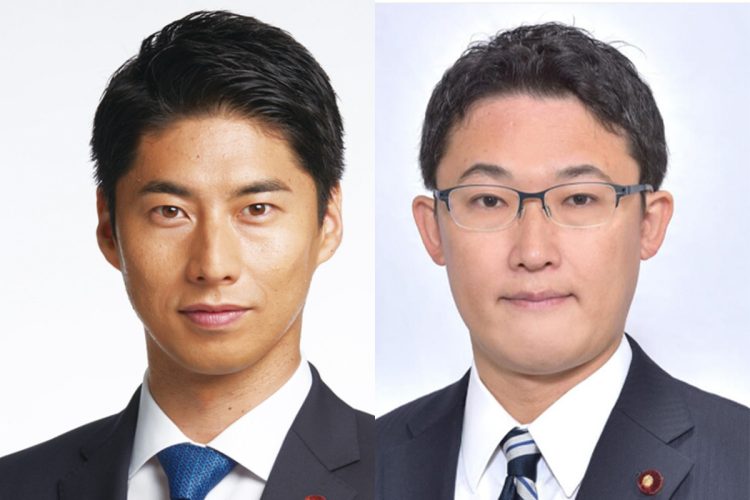 懇親会に出席した中曽根康隆衆院議員と藤原崇衆院議員