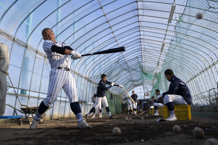 ビニールハウスという限られた環境で打撃練習に打ち込む主将の中村航太郎