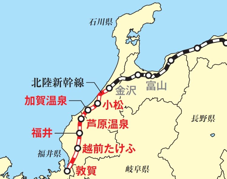 東京駅から福井駅までは最短約2時間51分、敦賀駅までは最短約3時間8分で結ばれる