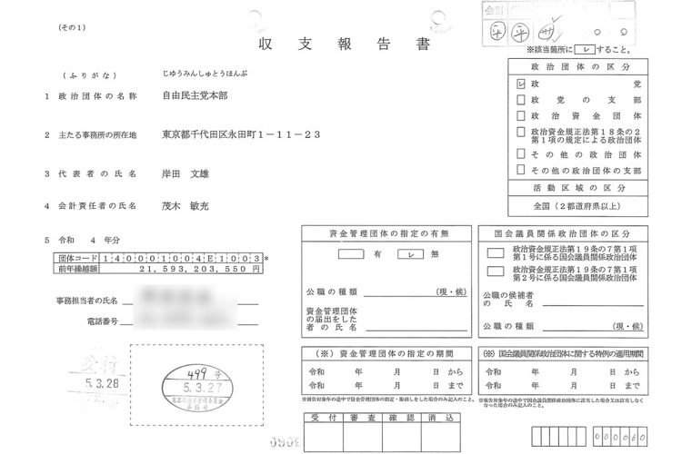 政治資金収支報告書・表紙